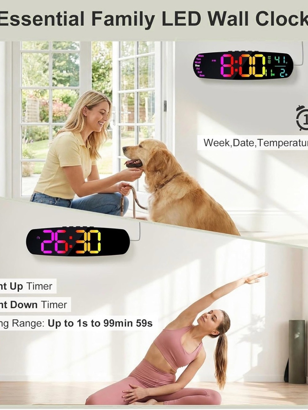Large LED Digital Wall Clock - Multi-Color Display - Picture 4 of 12